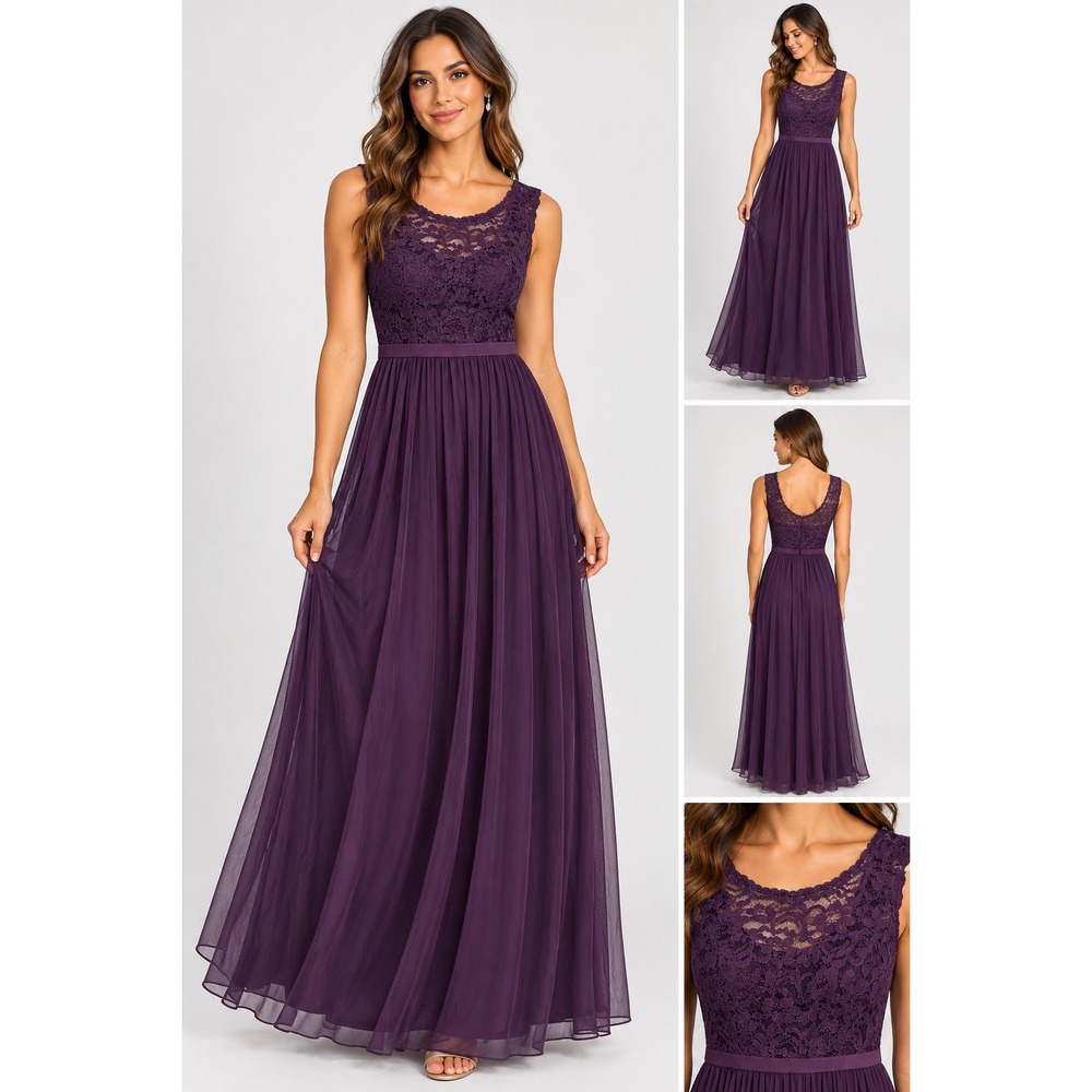 Plum Purple Lace Bodice Mesh Maxi Dress Formal Gown Sleeveless Side Slit